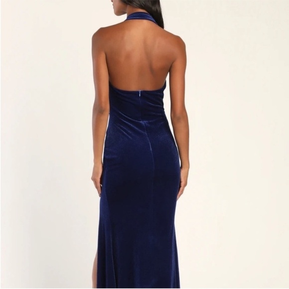 Lulu's Enchanting Touch Royal Blue Velour Velvet Halter Maxi Dress - Picture 3 of 15